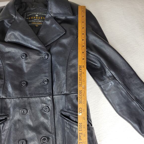 Express Garantie De Qualite Womens Sz Small Jacket Black Leather Coat Buttons - Picture 6 of 16